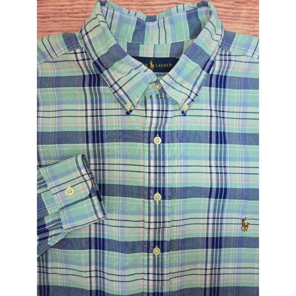 Ralph Lauren Mens XLT Button-Down Plaid Shirt Blue Green Cotton Long Sleeve - Picture 4 of 8